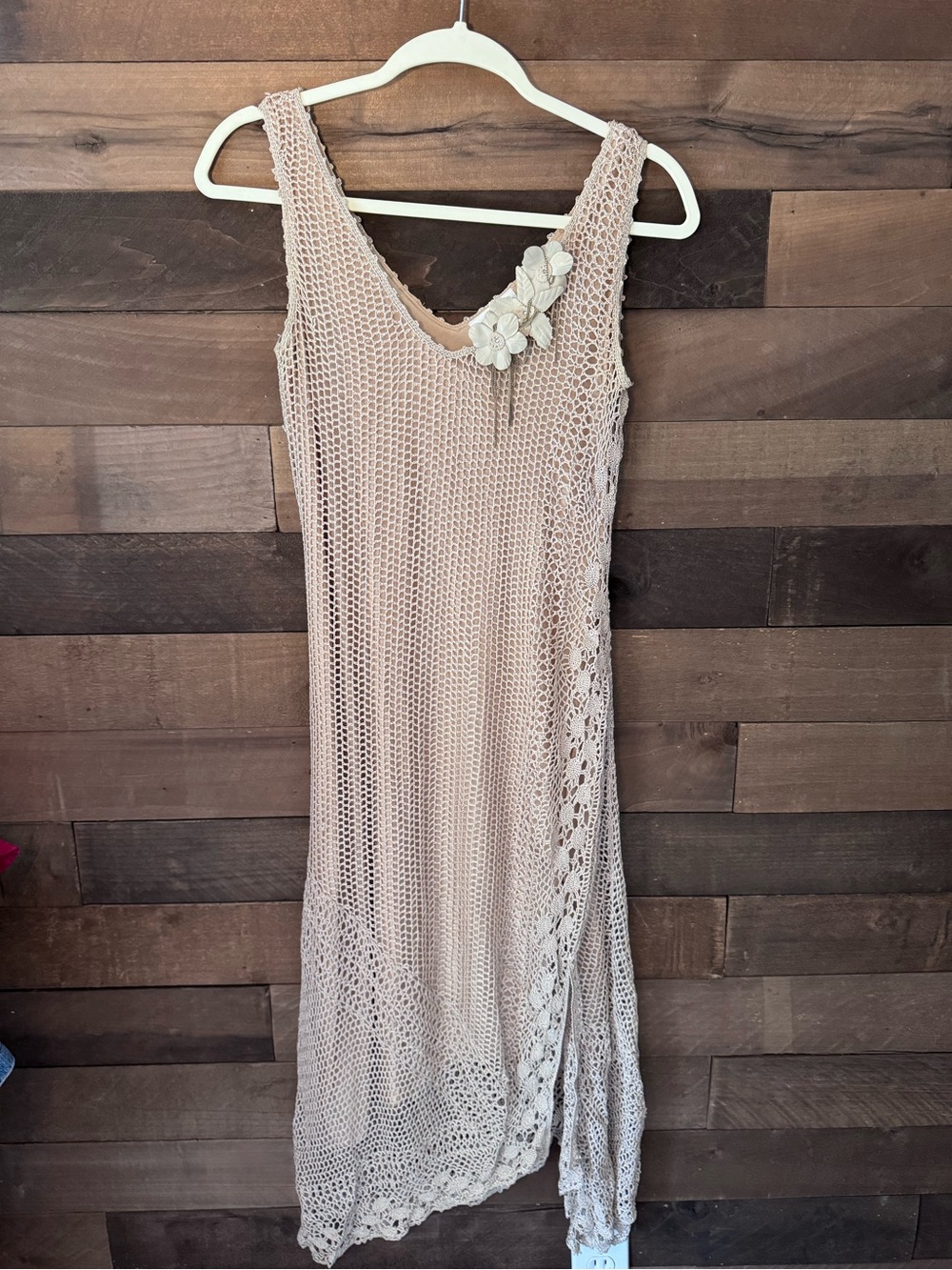 Karen Millen Beige Crochet Knit Sleeveless MIDI Dress